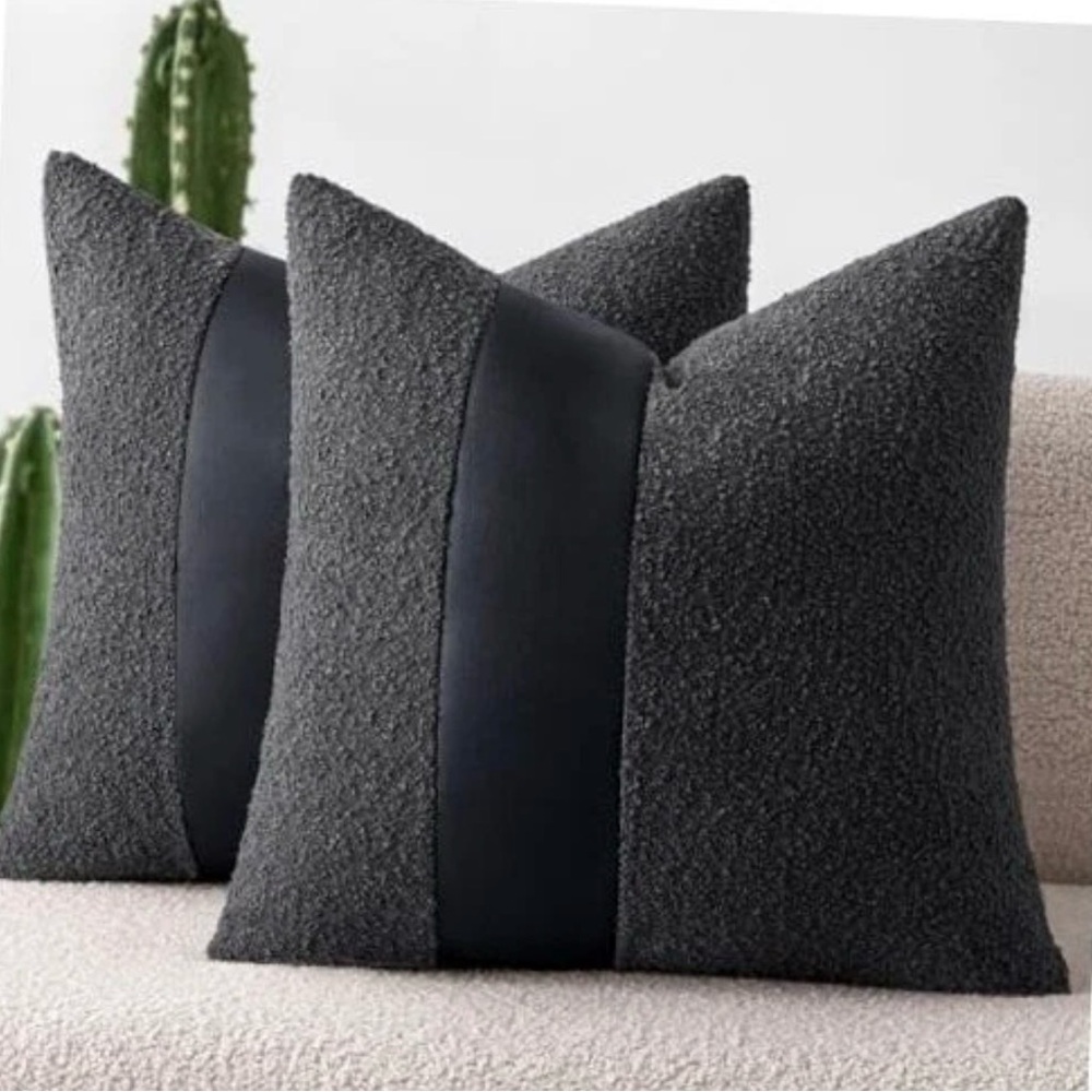 NWT 2-Boucle Pillow Covers 18x18” with Faux Leather, Charcoal Black